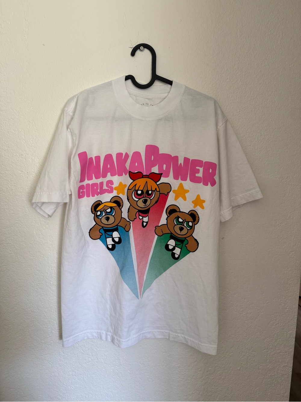 Inaka Power White Tee with Pink Graphic and Multicolor Print